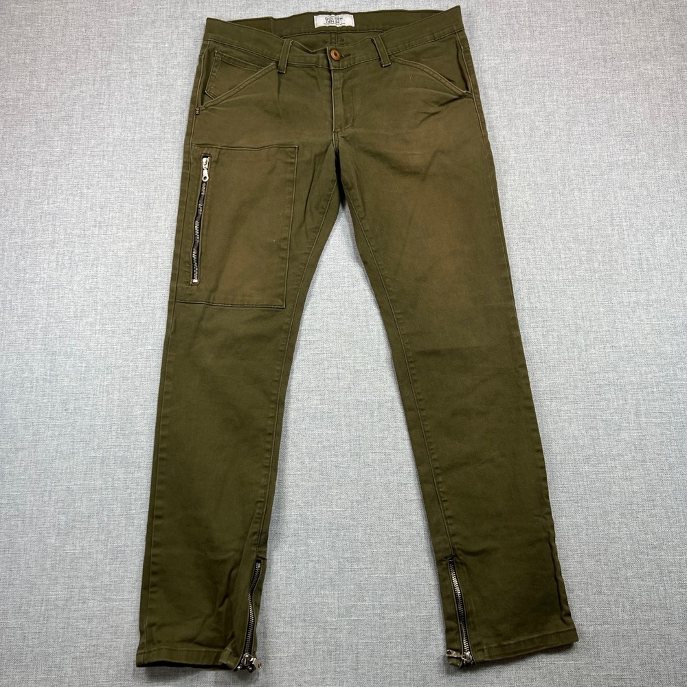 Golden Denim Pants 34x30 Cargo Zipper‎ Olive Green Slim Stretch Made in USA